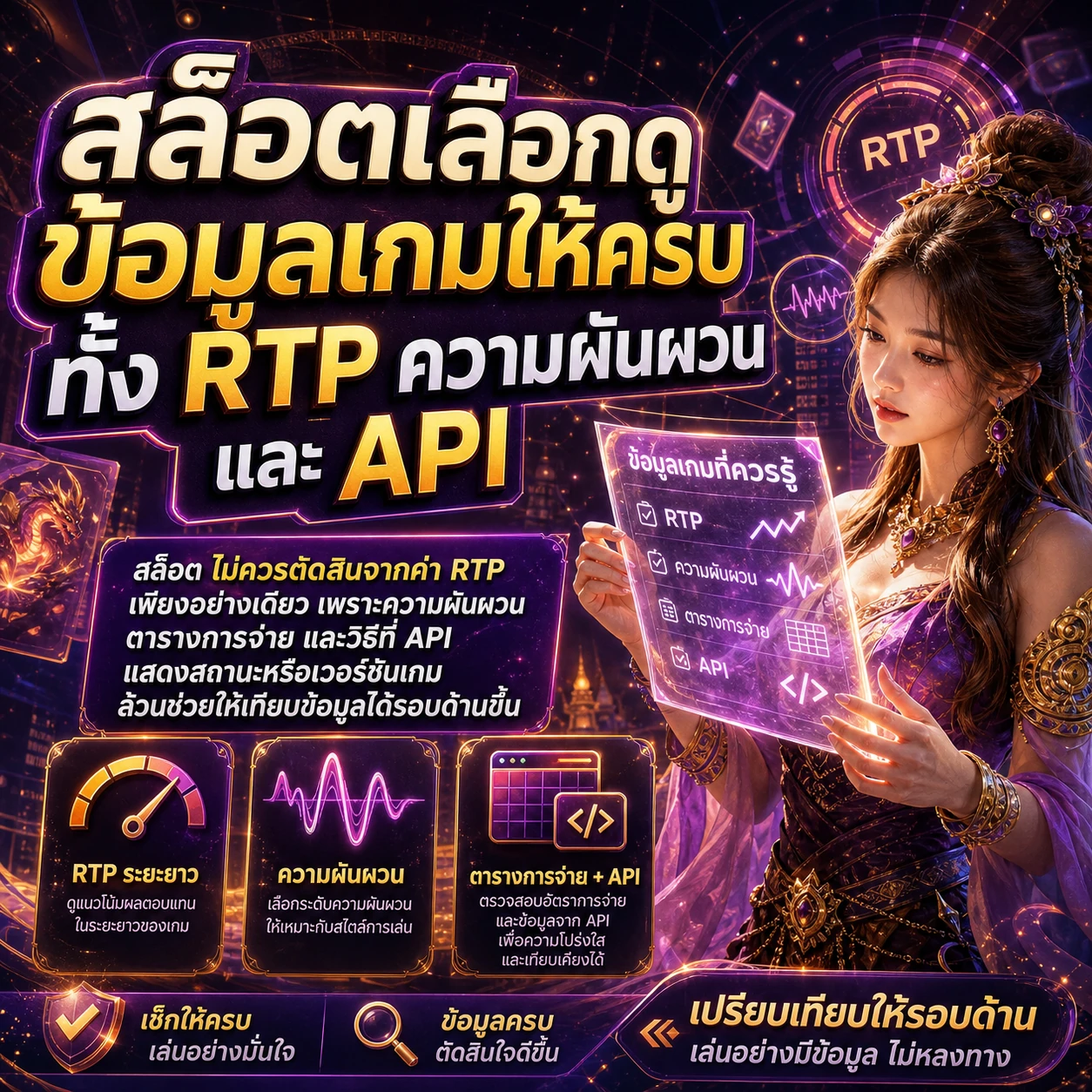 ภาพนามธรรมสื่อถึงการเปรียบเทียบ RTP ความผันผวน ตารางการจ่าย และข้อมูล API
